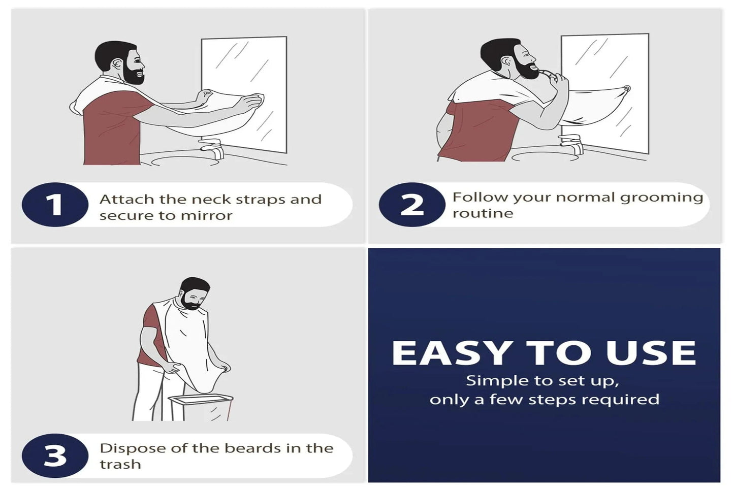 Step-by-step guide for using a beard-trimming device with illustrations and text.