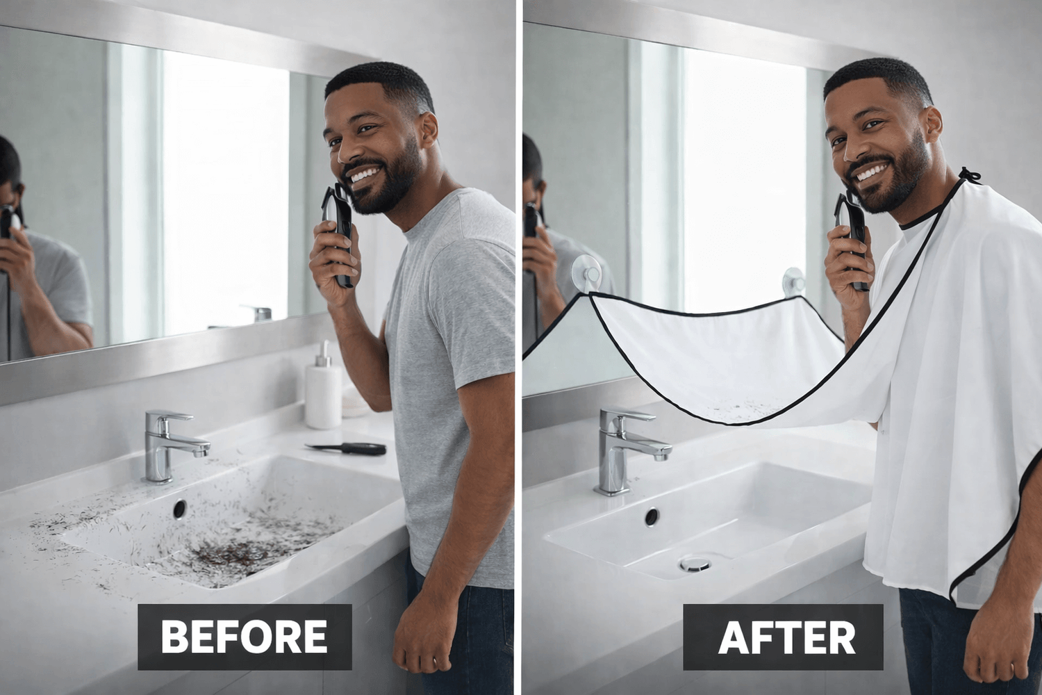 Before and after comparison of a man using a beard trimmer with a white cape draped over his shoulders.
